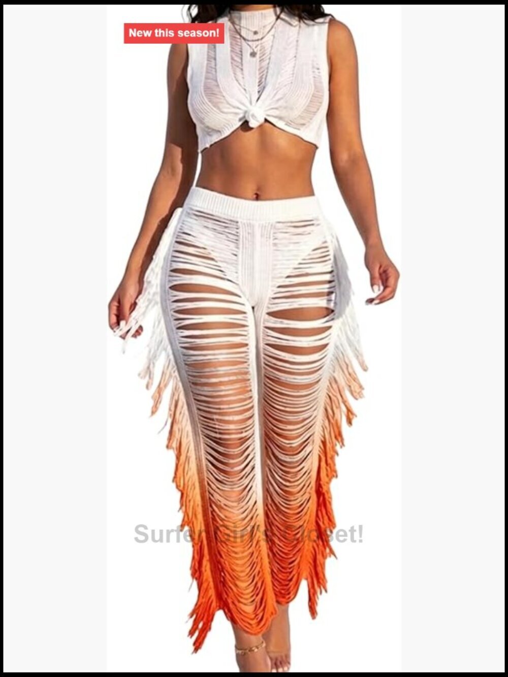 Sexy Fringe Pants Set Women See Through Beach Festival Crochet Outfits